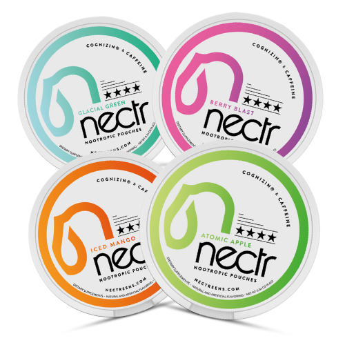 Four colorful nectr nootropic pouches in green, pink, orange, and green flavors.