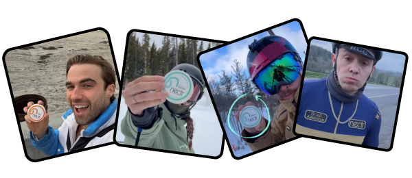Four people holding circular objects with 'next' logo, in various outdoor settings.