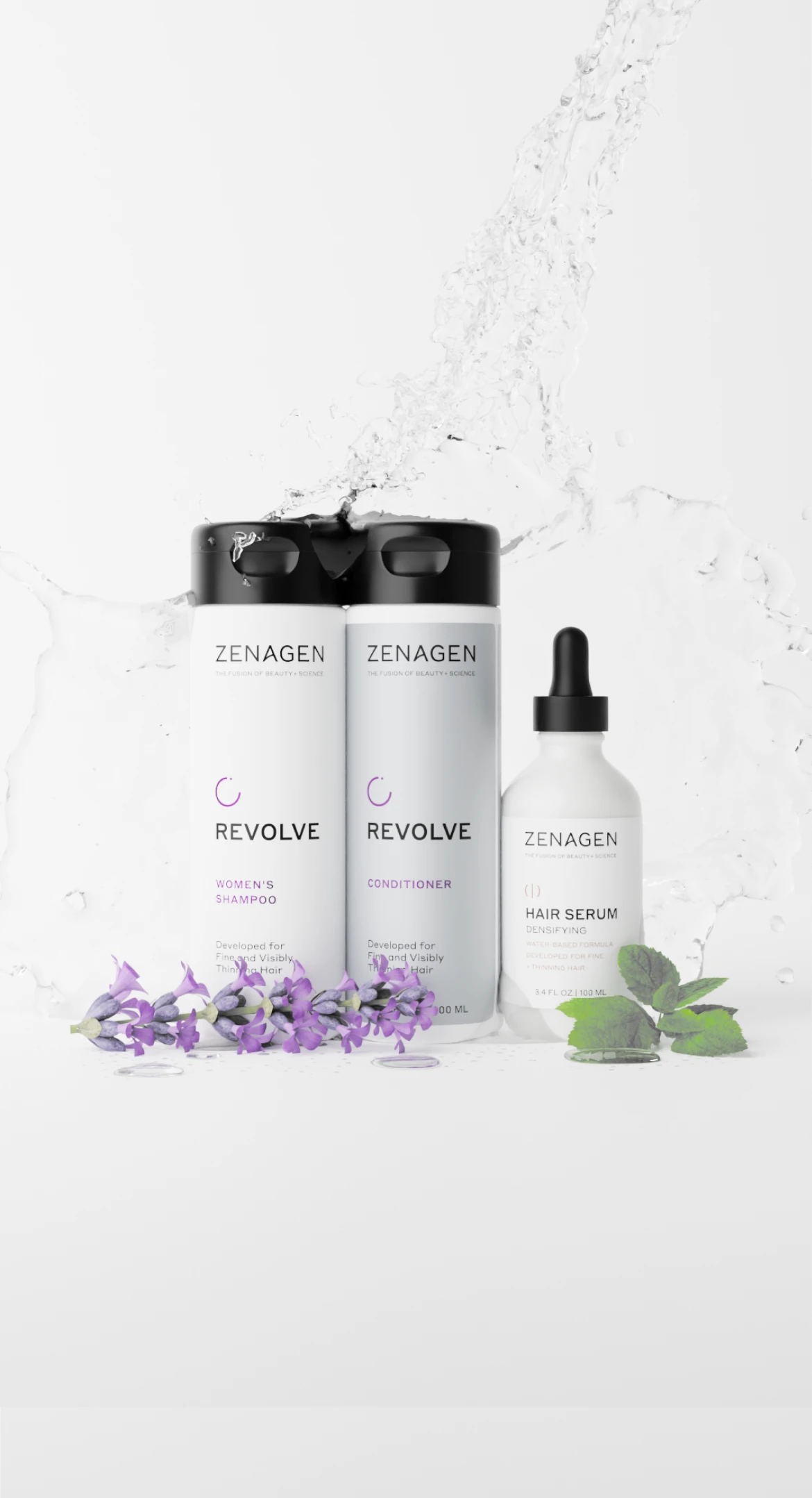 Shampoo, conditioner, and hair serum bottles with water splash and purple flowers.
