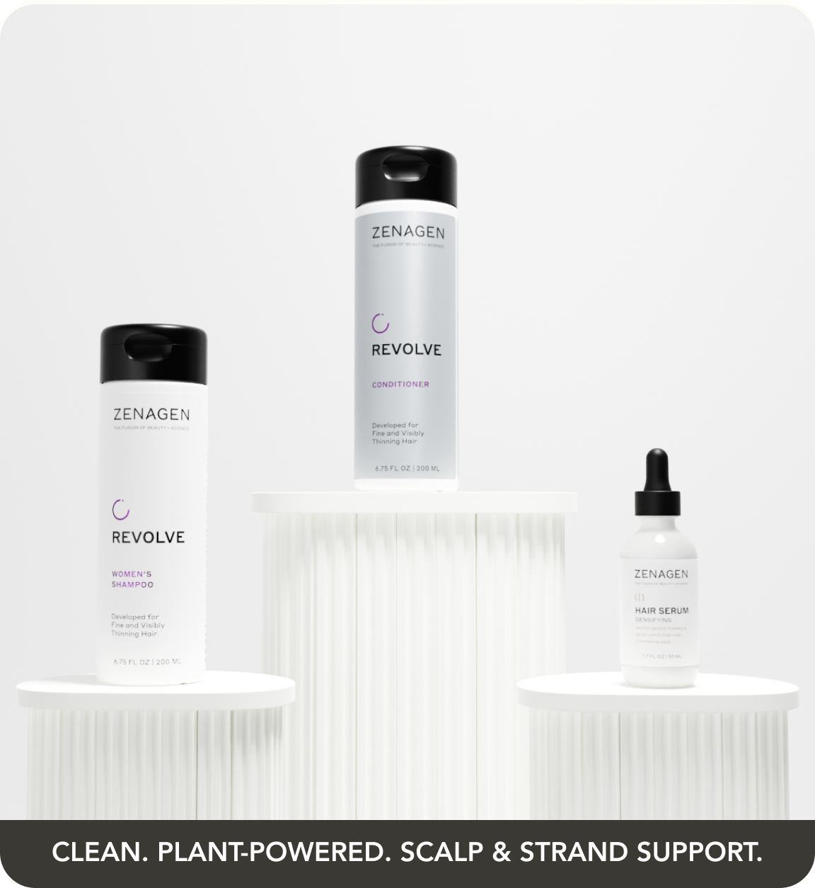 Zenagen Revolve shampoo, conditioner, and hair serum displayed on white pedestals against a neutral background.