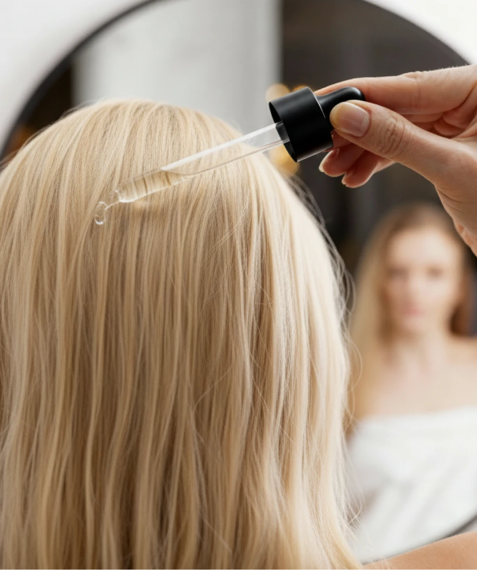Hand applying oil to blonde hair with a dropper.