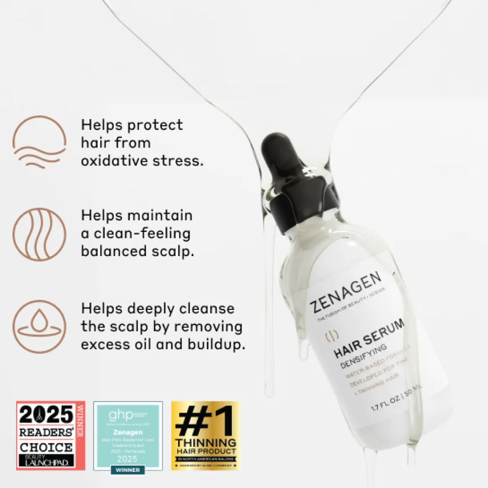 Zenagen hair serum bottle with benefits listed and award logos.