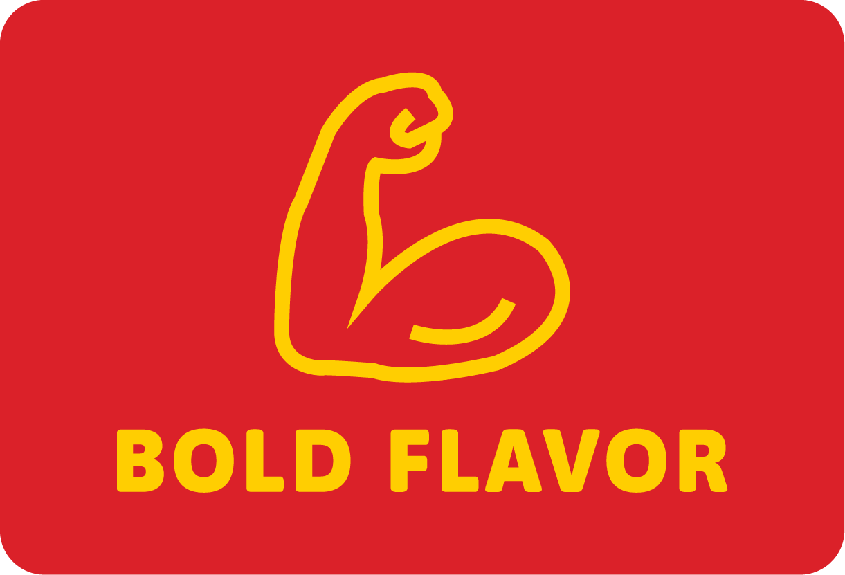Red background with yellow flexed arm and 'Bold Flavor' text.