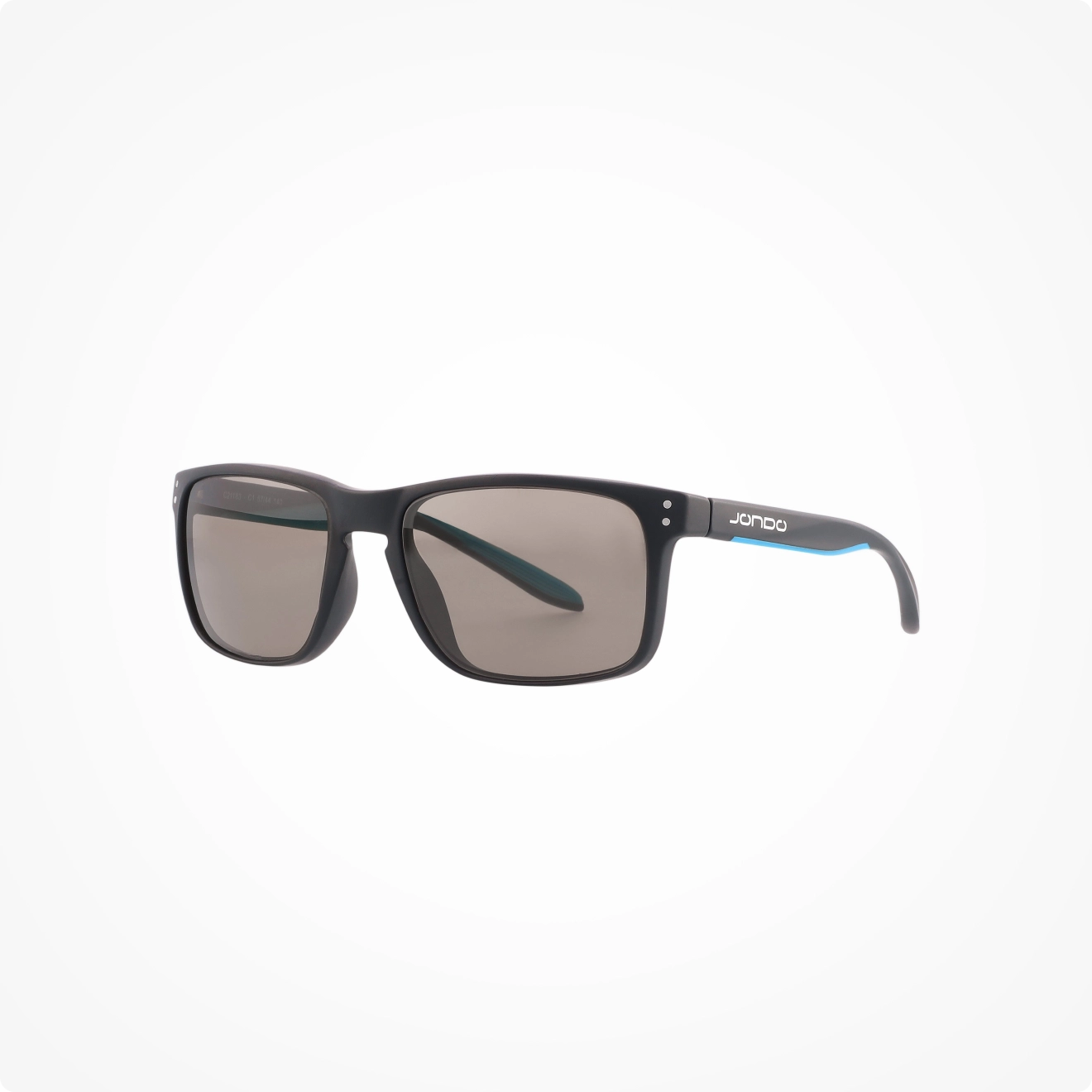 Black sunglasses with dark lenses on a white background.