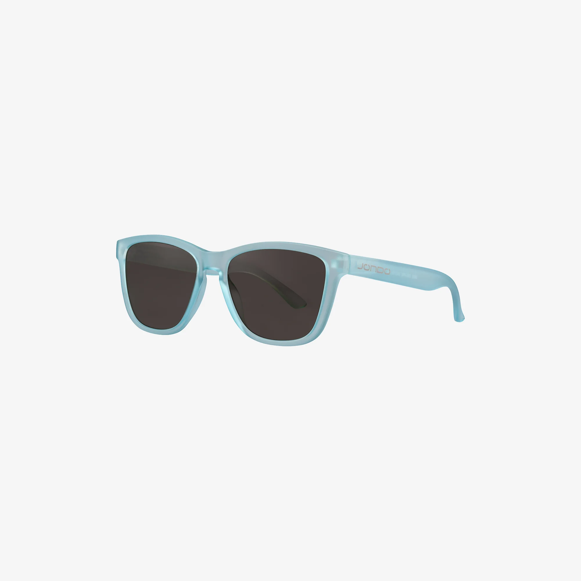Light blue sunglasses with dark lenses on a white background.
