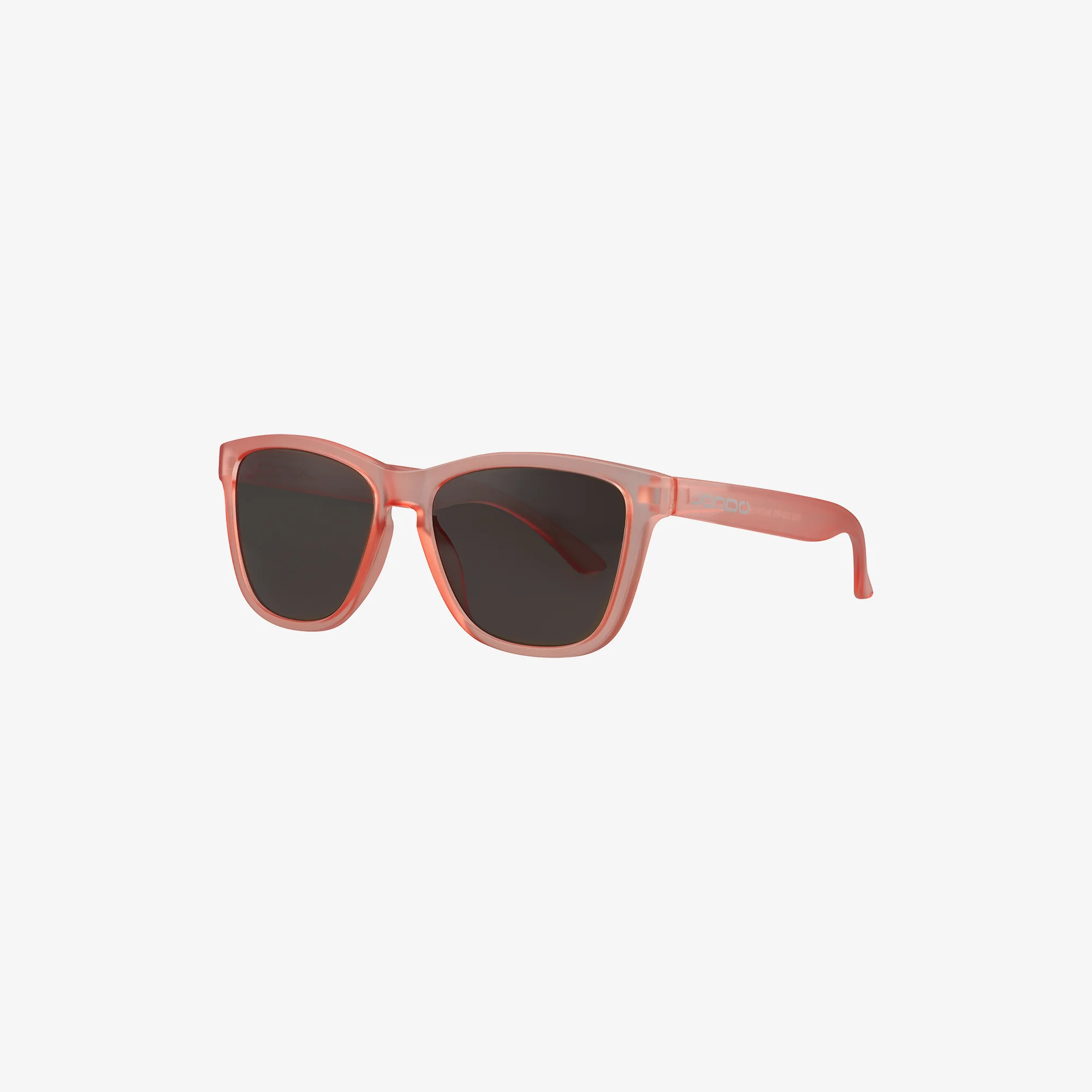 Pink sunglasses with dark lenses on a white background.