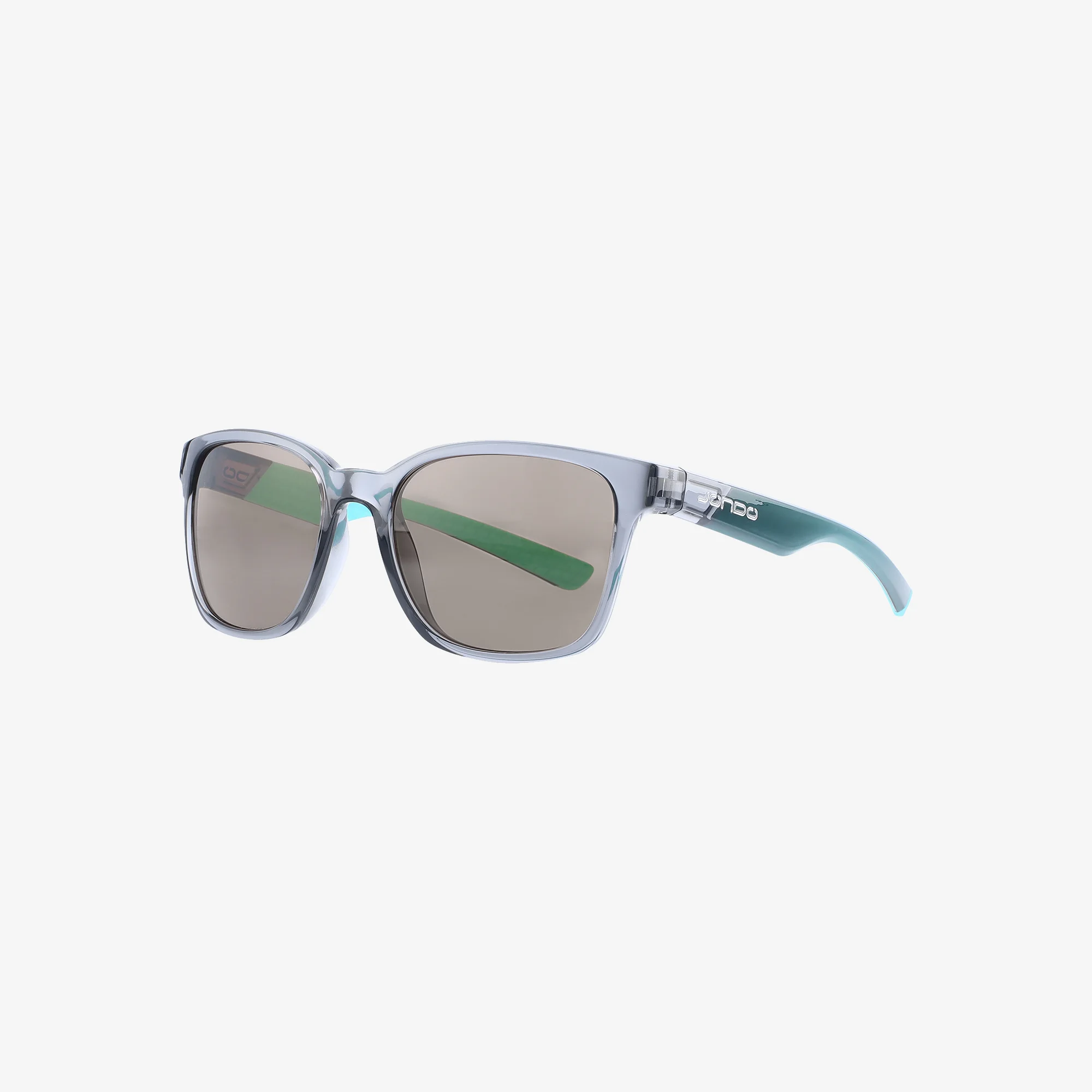 Transparent sunglasses with green temples on a white background.