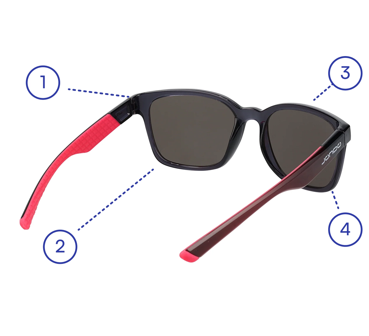 Black sunglasses with red arms, labeled with numbers 1 to 4.