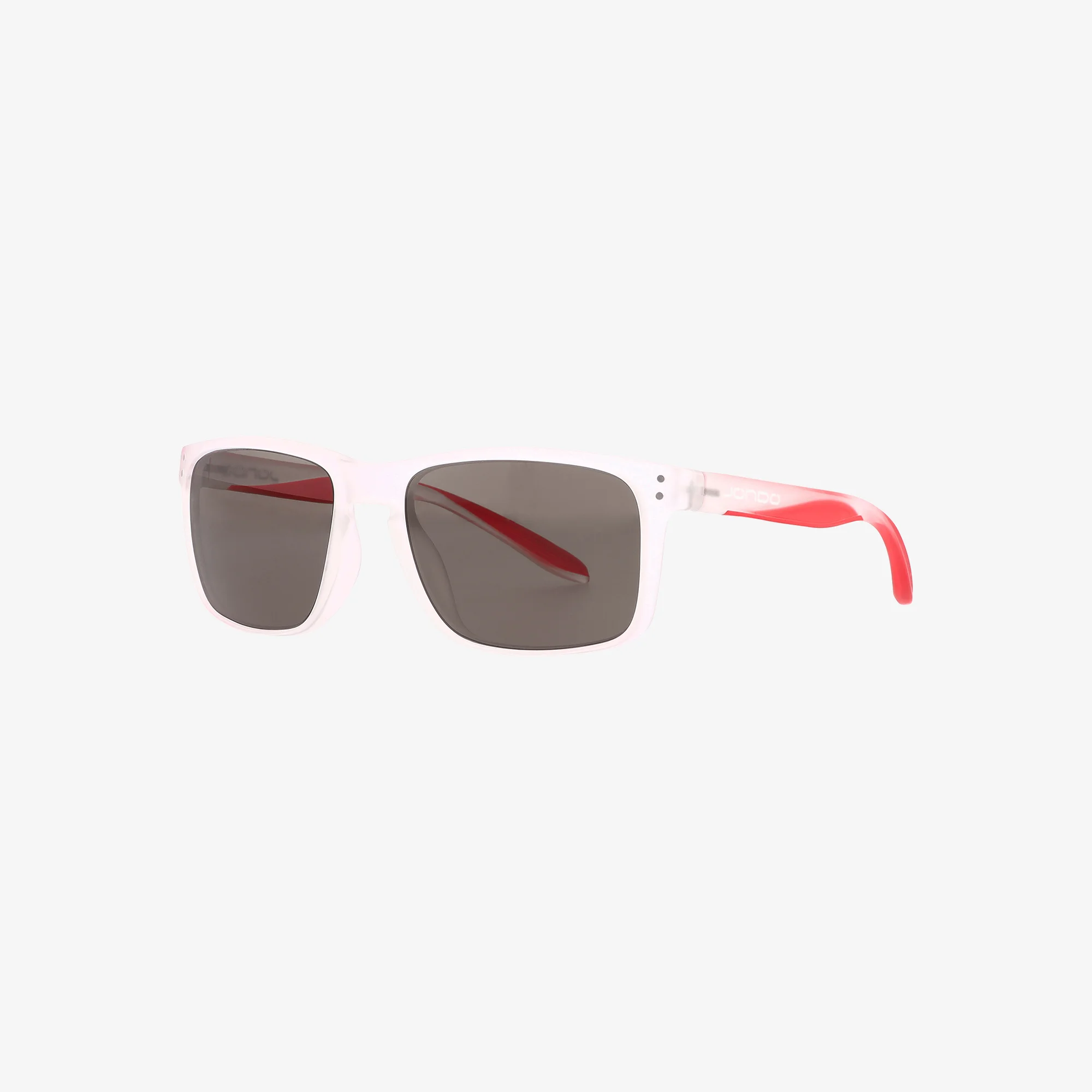 Sunglasses with clear frames and red arms on a white background.