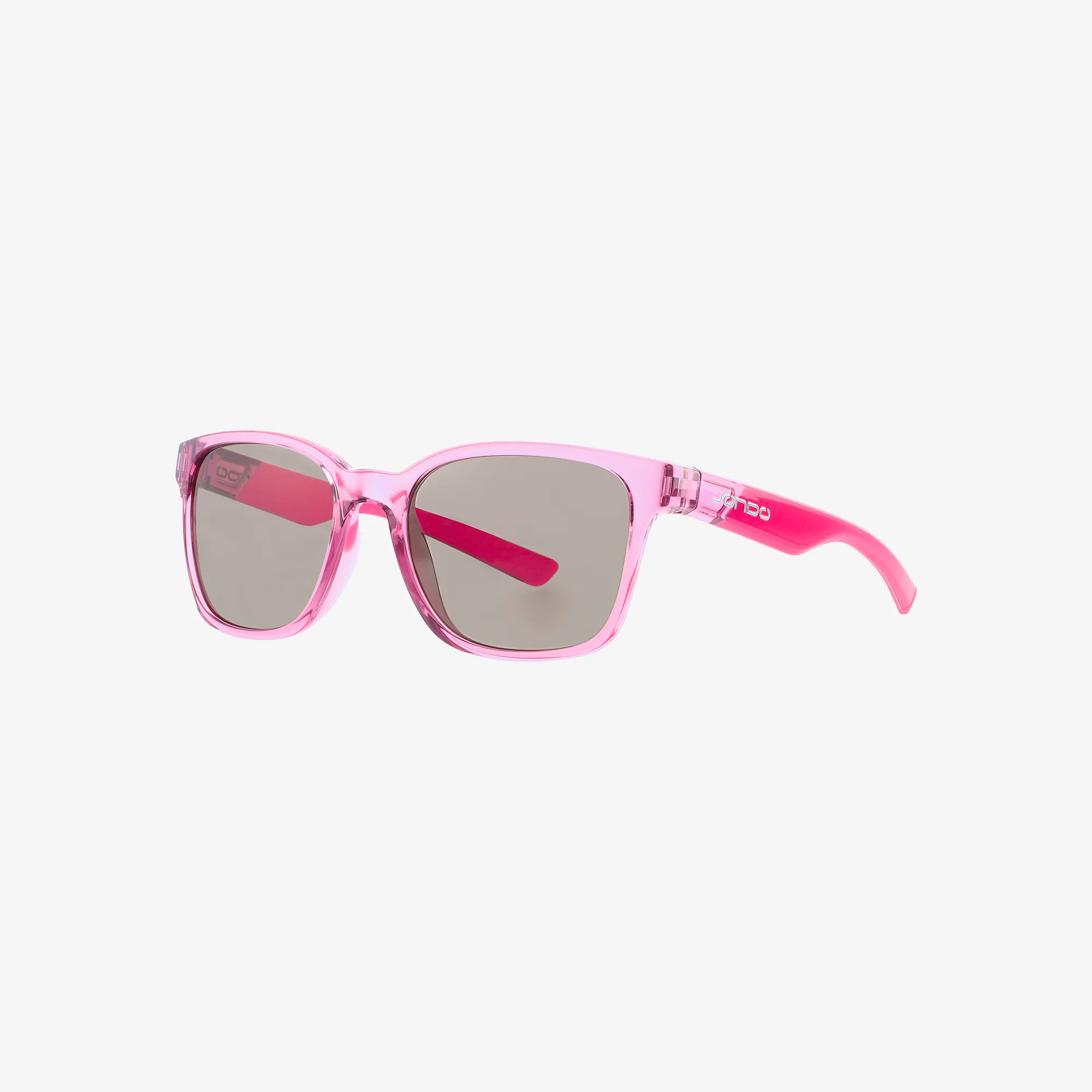 Pink sunglasses with transparent frames and dark lenses on a white background.