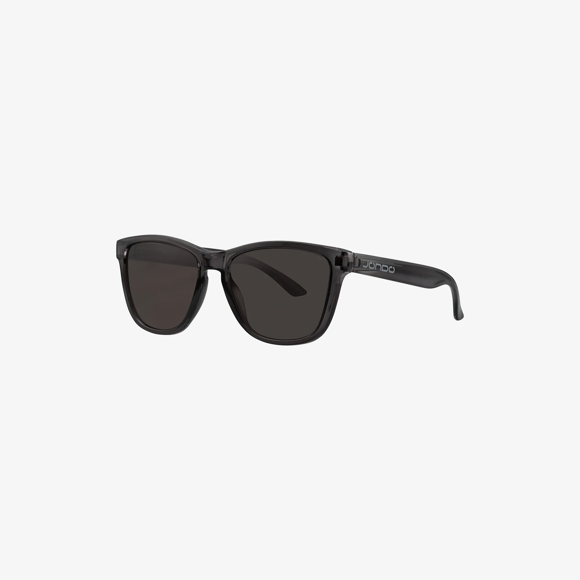 Black sunglasses with dark lenses on a white background.