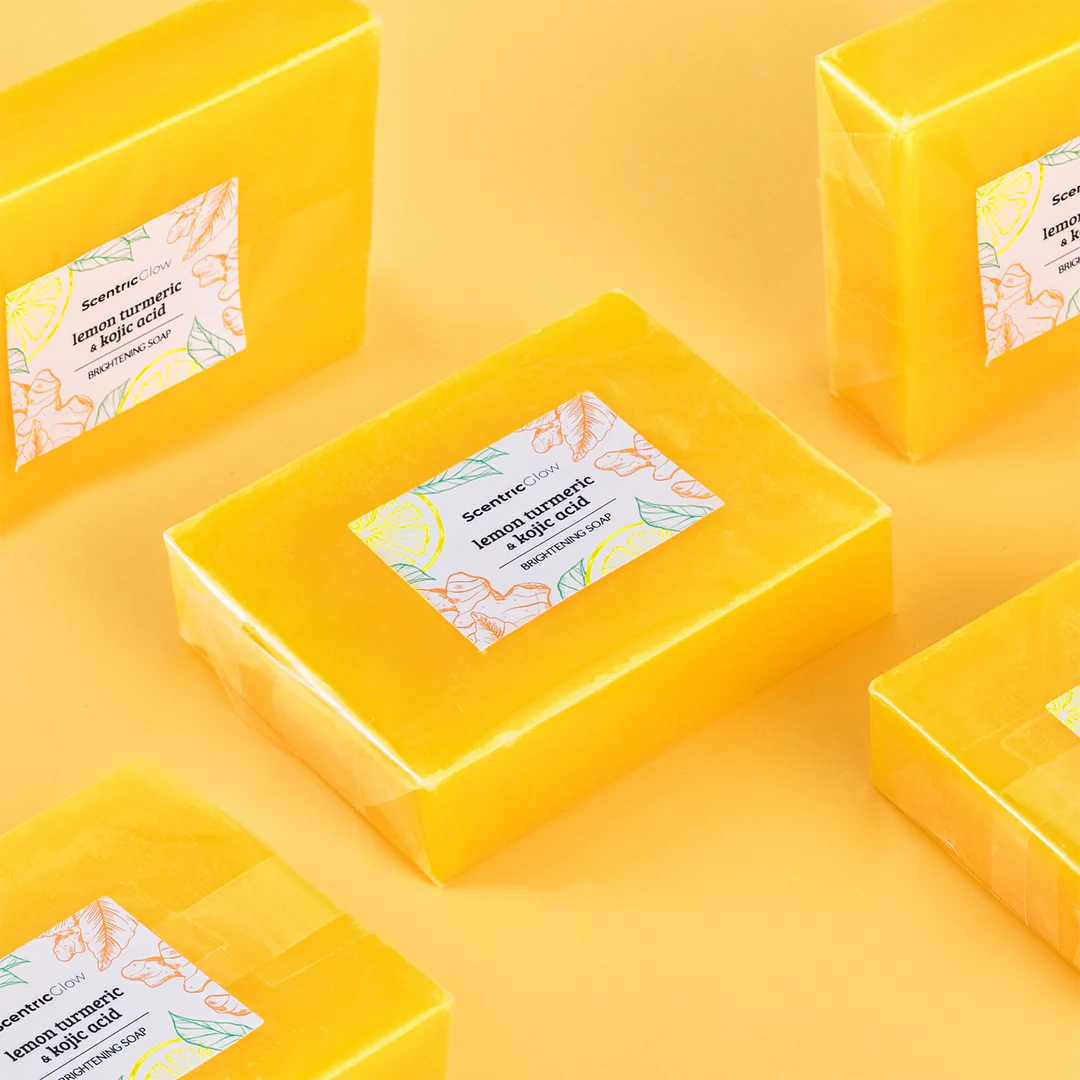 Yellow soap bars with labels on a yellow background.