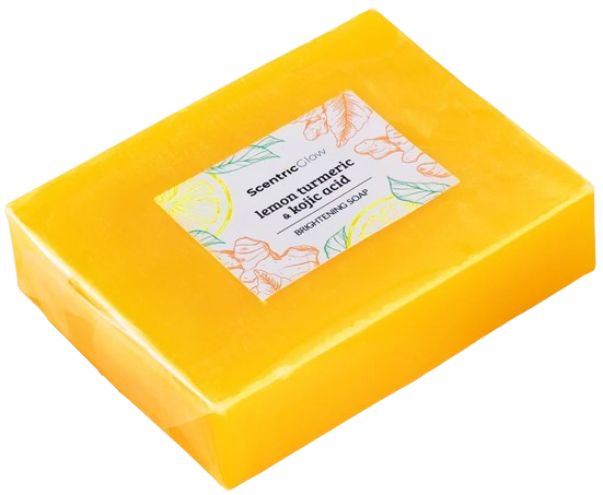 Yellow soap bar with a label featuring lemons and turmeric.