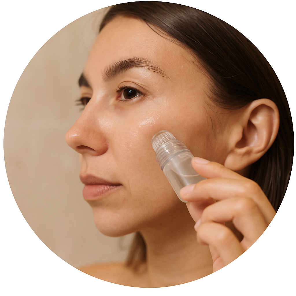 Person applying skincare product to face with a roller bottle.