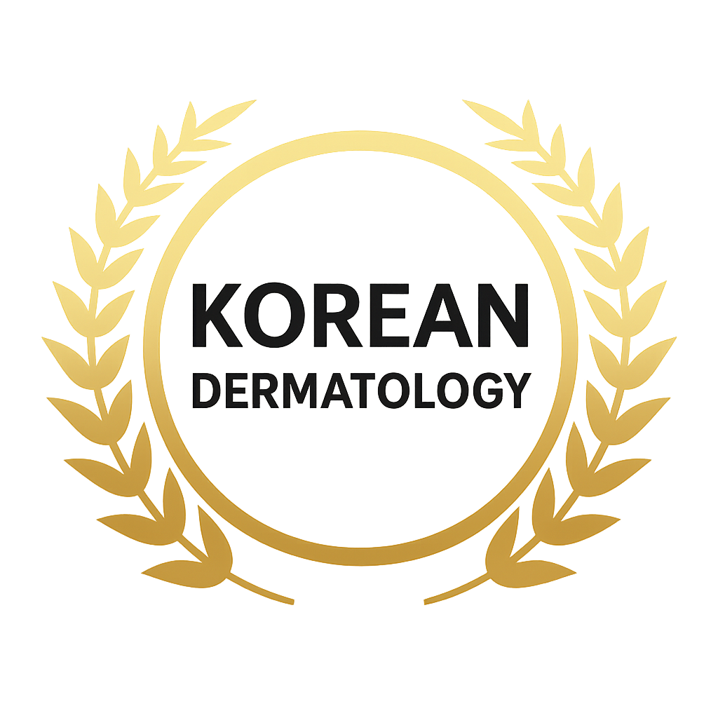 Text 'Korean Dermatology' with laurel wreath on a dark background.