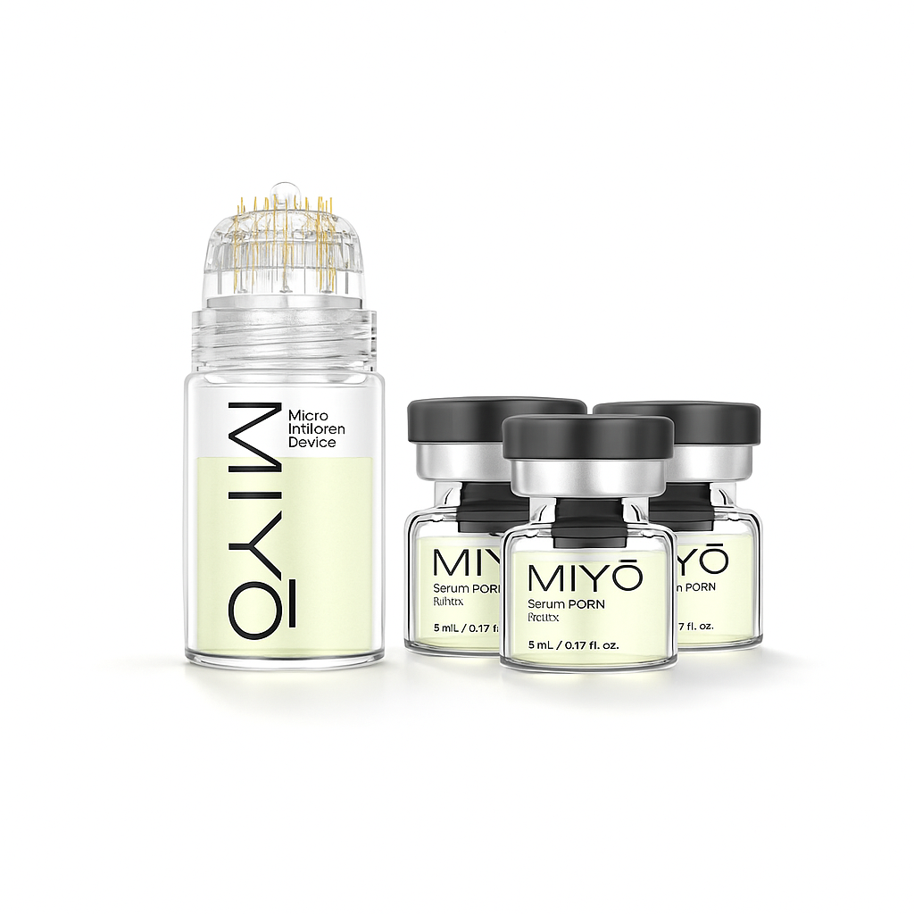 Four small bottles labeled 'MIYO' with black caps, one with a micro-needle device on top.