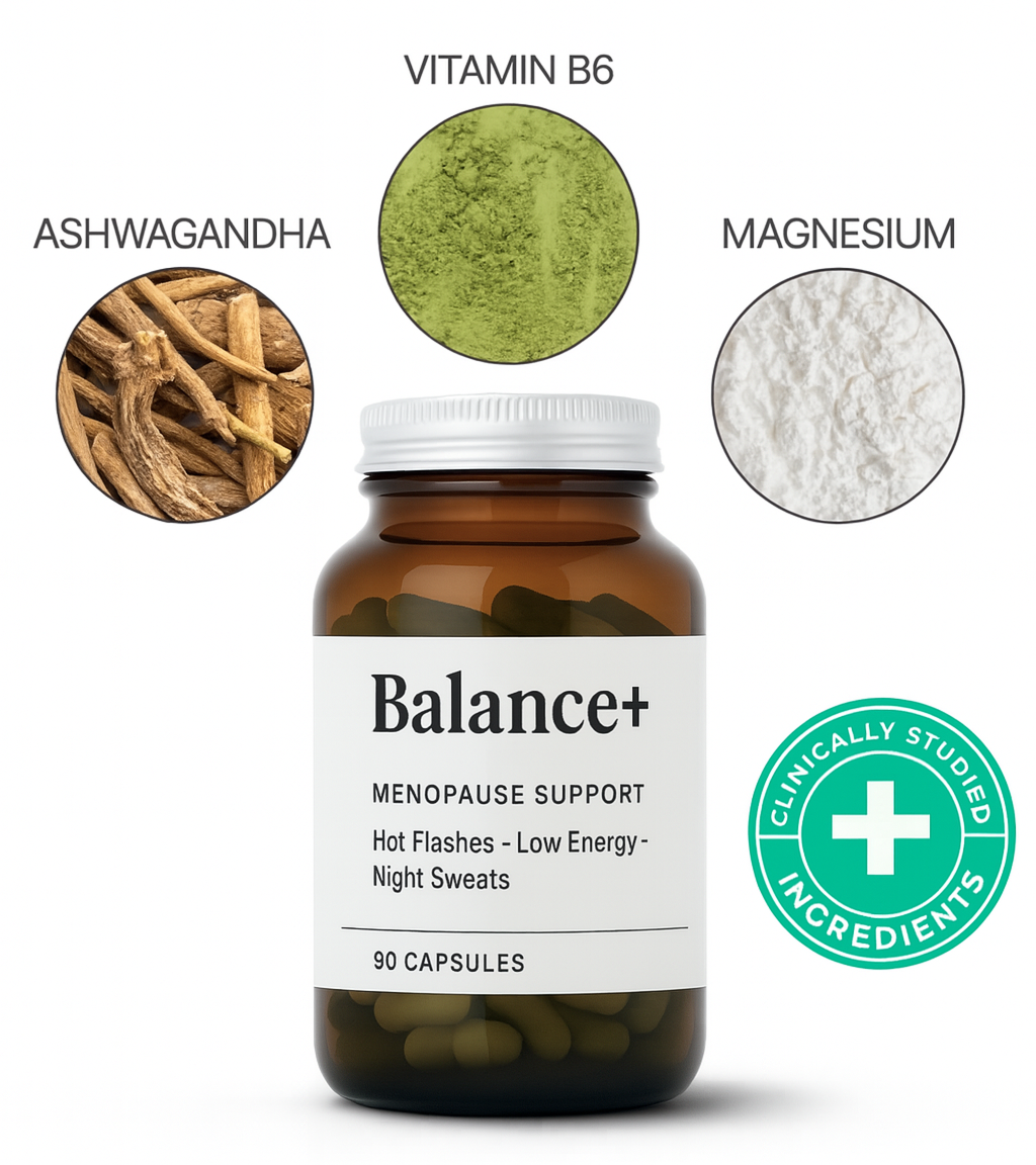 Balance+ supplement bottle with ashwagandha, vitamin B6, magnesium, and clinically studied ingredients badge.