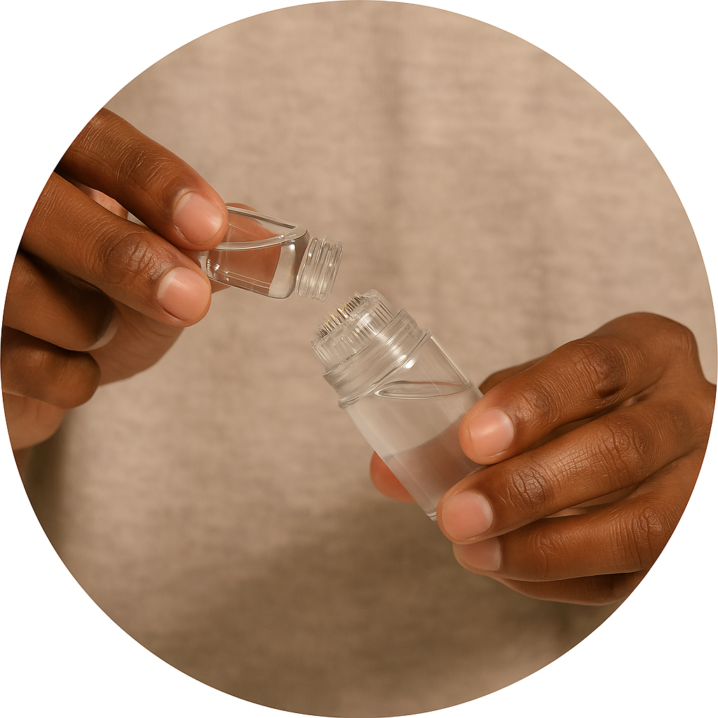 Hands holding a small bottle and a vial with liquid.