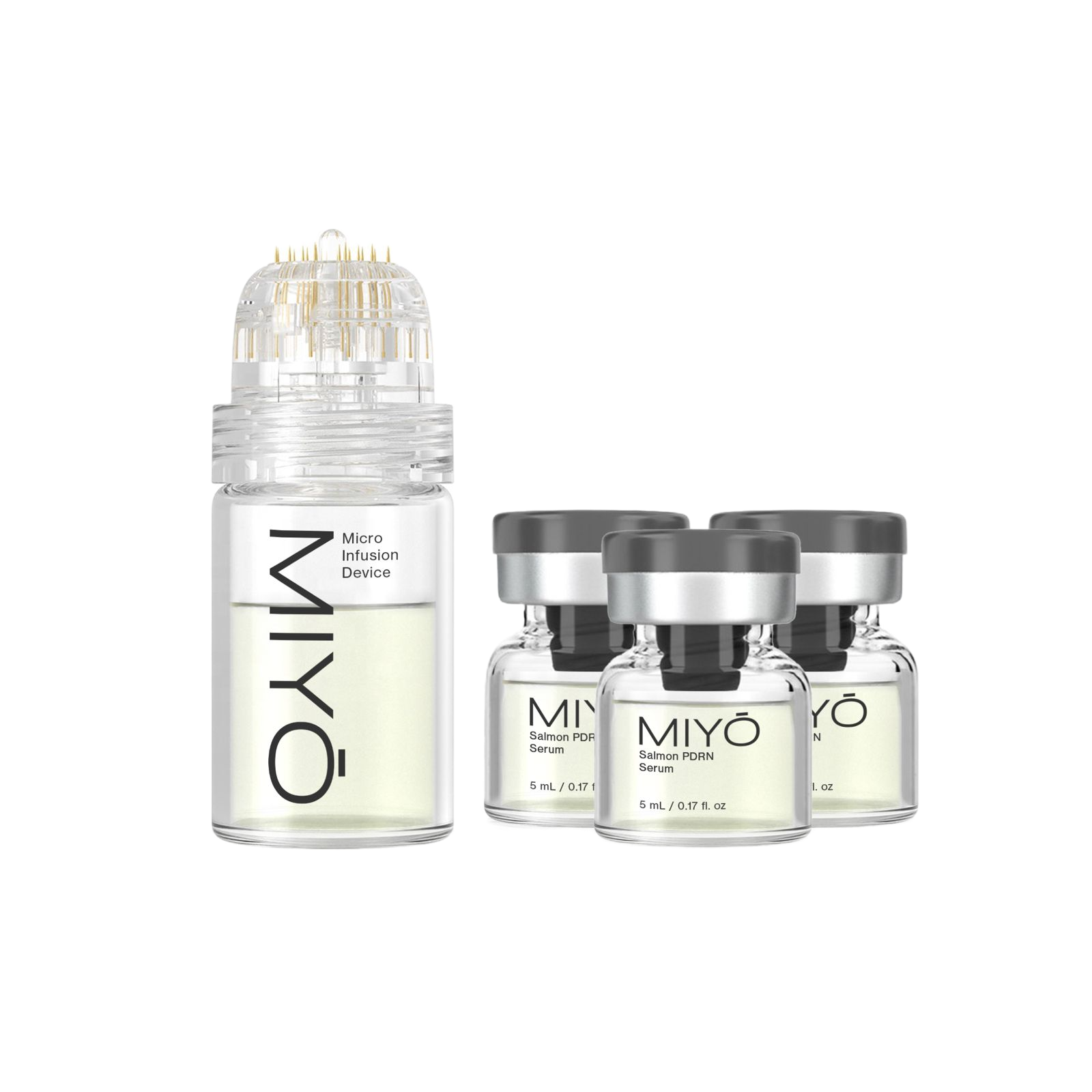 Micro infusion device and three serum bottles on a white background.