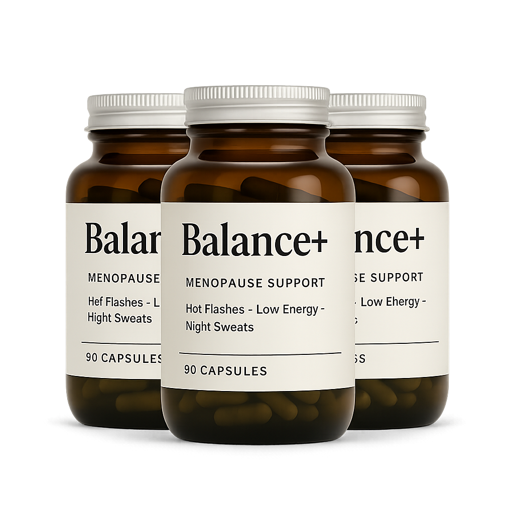 Three bottles of Balance+ menopause support capsules.