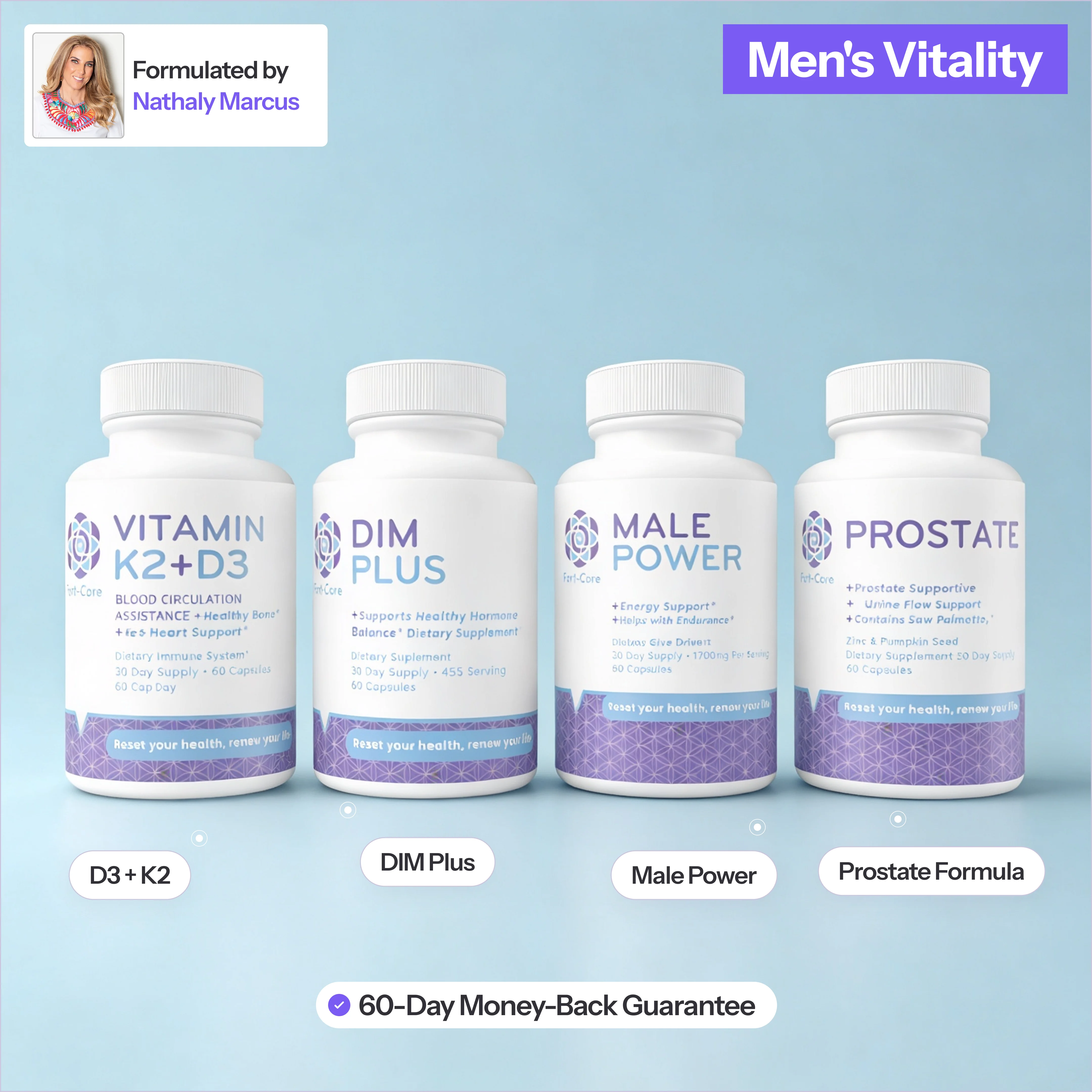 An advertisement for Men's Vitality supplements, showing four different bottles against a light blue background.