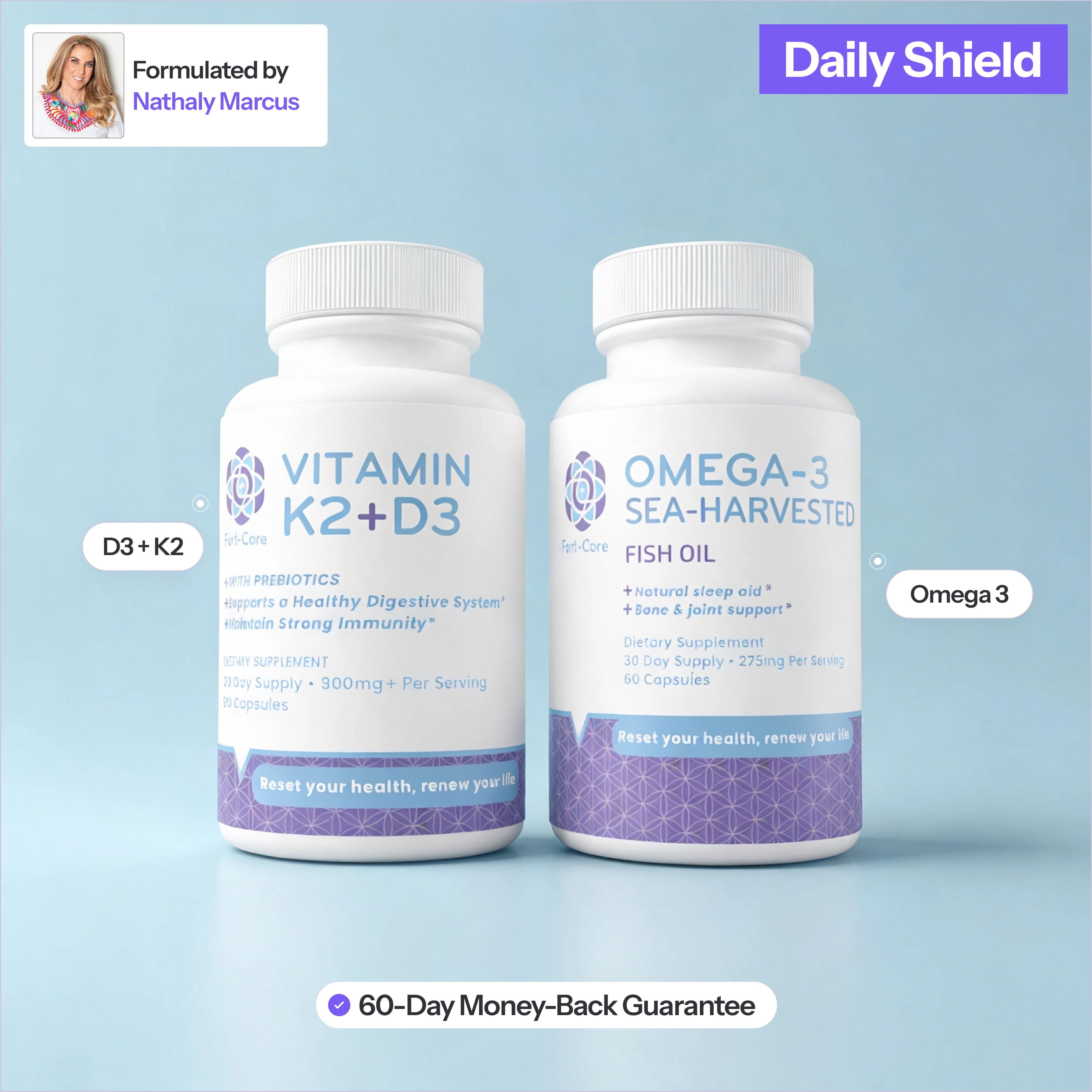 Two white supplement bottles, Vitamin K2+D3 and Omega-3 Fish Oil, on a light blue background.