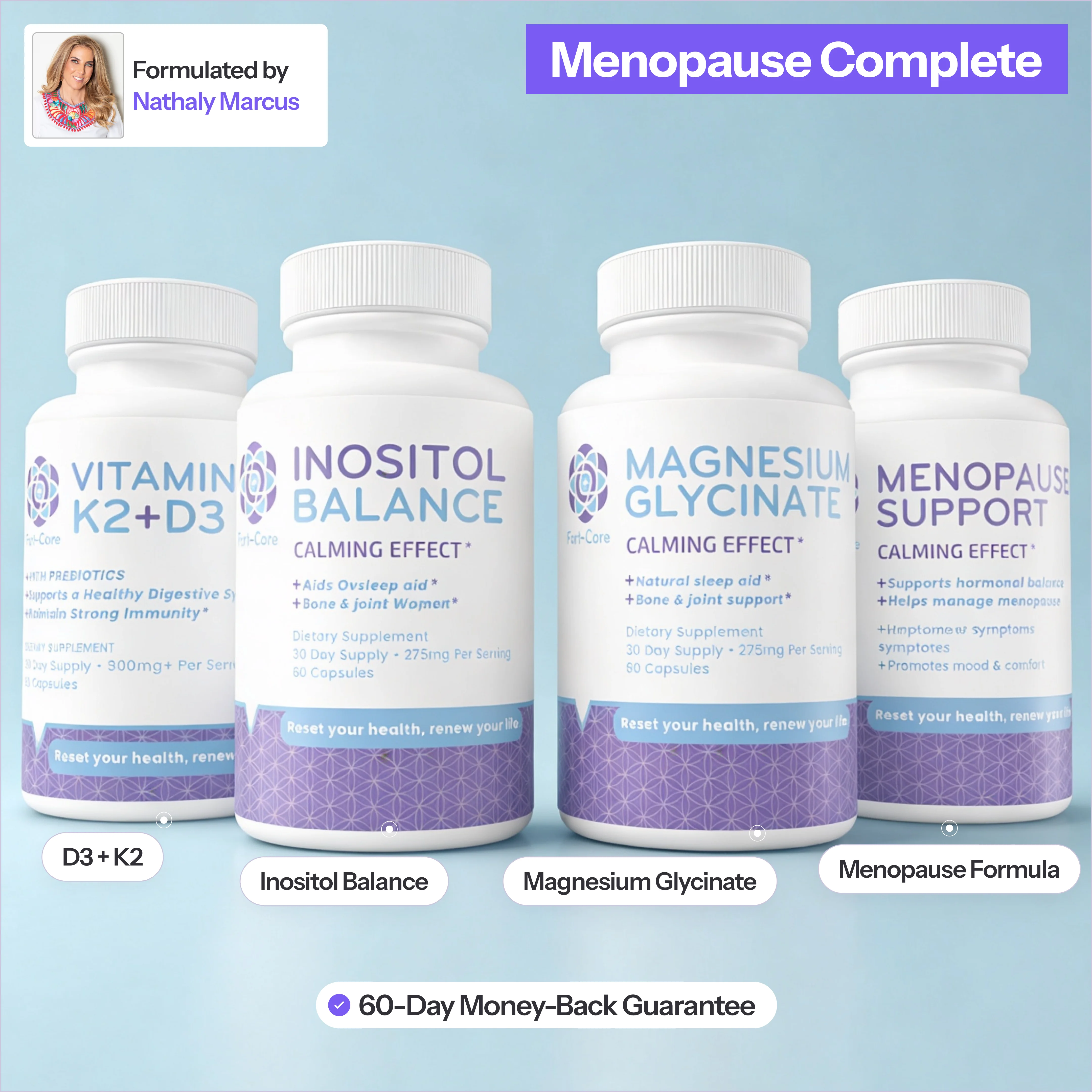Four white bottles of Menopause Complete dietary supplements against a light blue background.