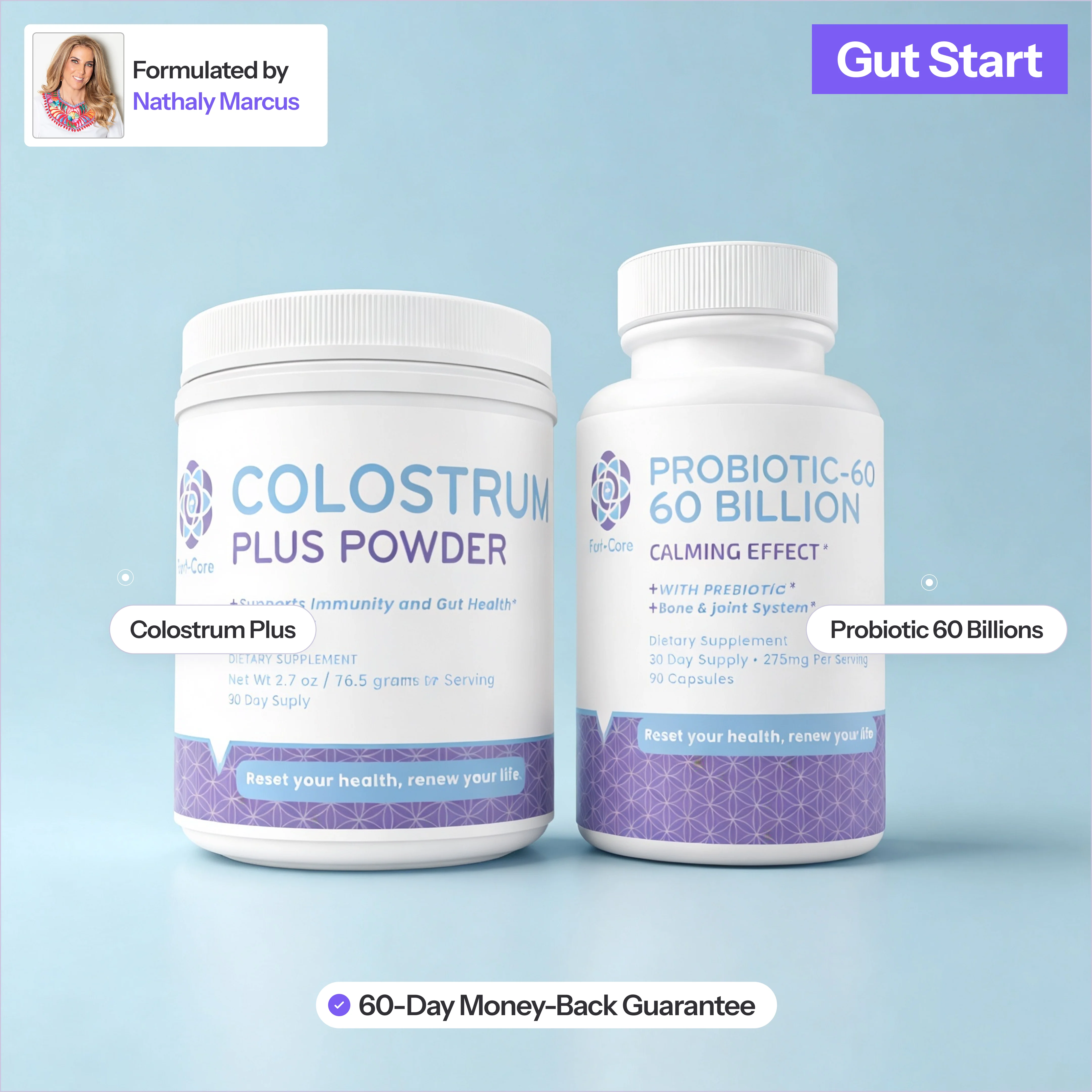 A container of Colostrum Plus Powder next to a bottle of Probiotic-60 60 Billion capsules.