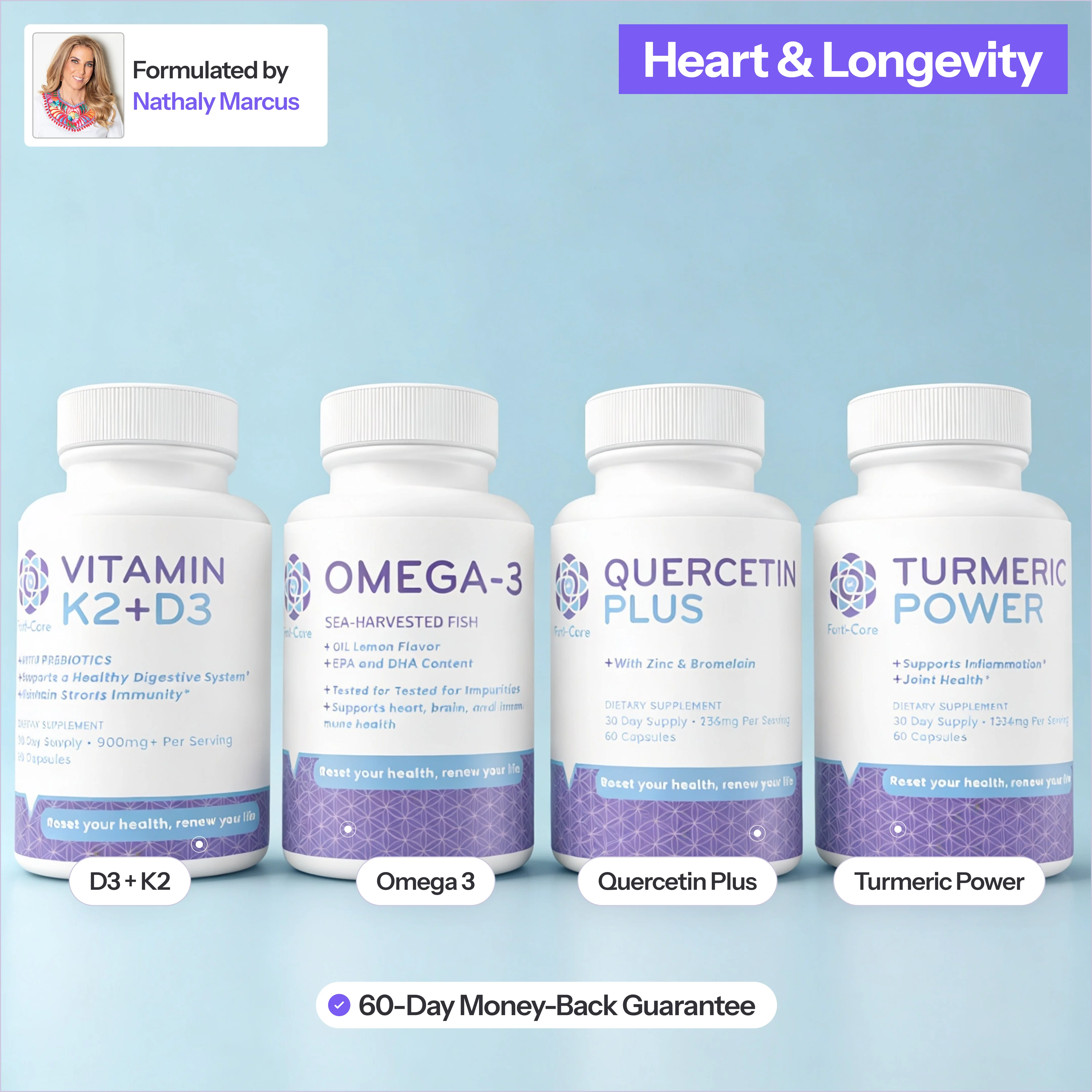 Four supplement bottles from the Heart & Longevity line: Vitamin K2+D3, Omega-3, Quercetin Plus, and Turmeric Power.