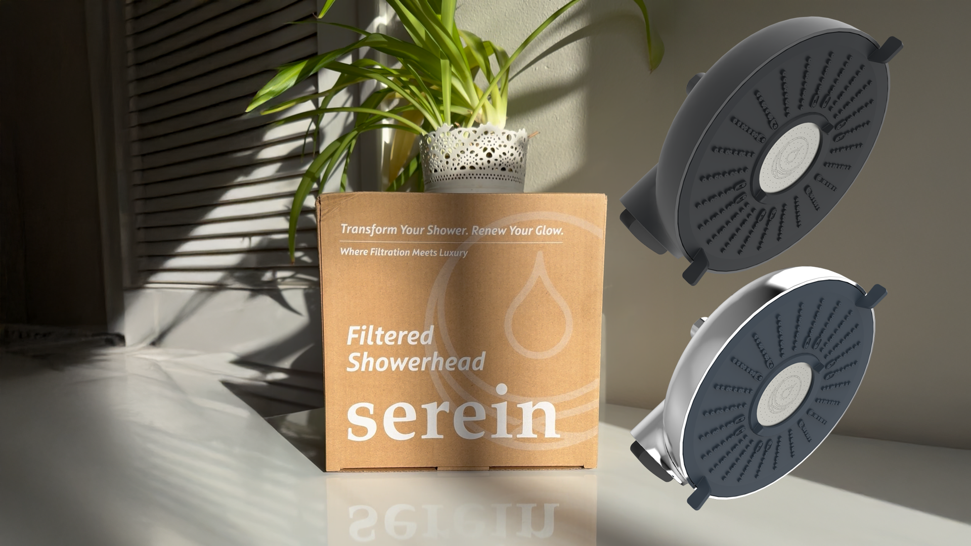 Box labeled 'Filtered Showerhead Serein' with two showerheads and a plant.