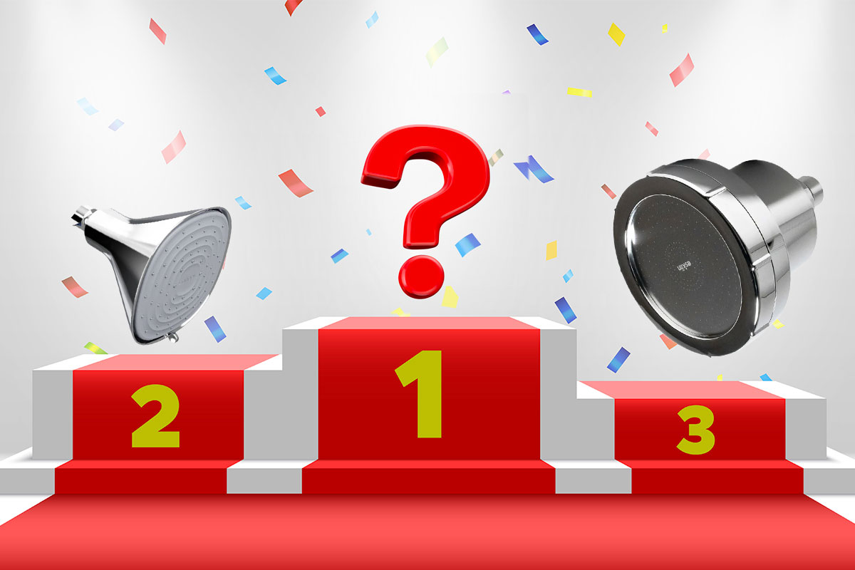 Podium with showerheads on second and third place, question mark on first.