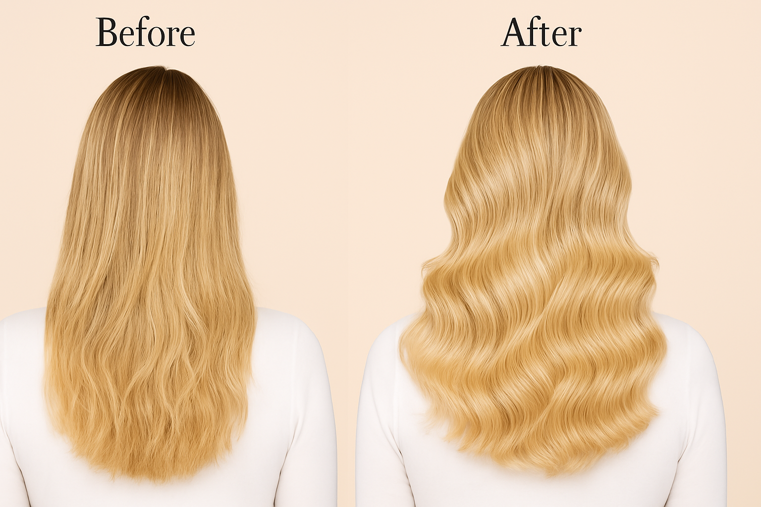 Comparison of straight and wavy blonde hair labeled 'Before' and 'After.'