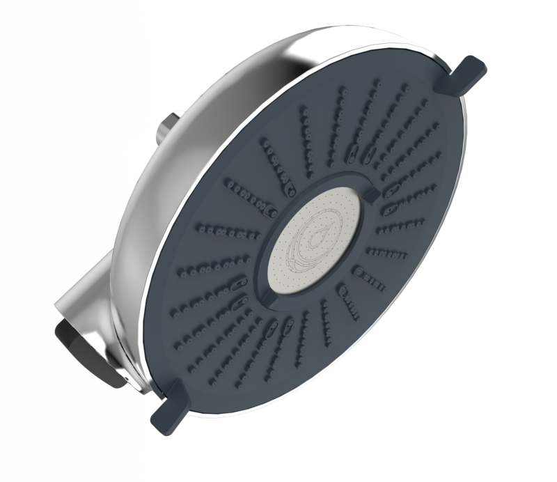 Close-up of a round showerhead with multiple nozzles.
