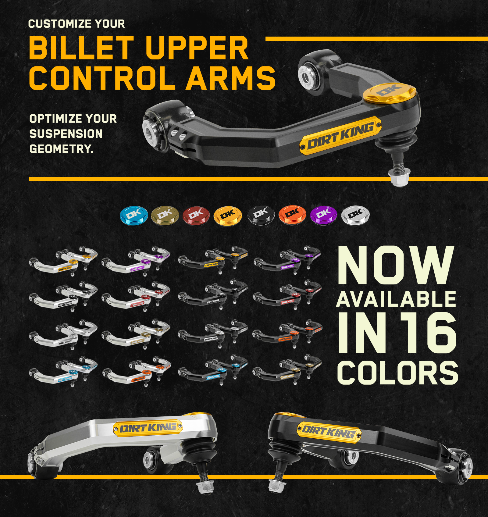 Multiple colored billet upper control arms with text about customization and availability in 16 colors.
