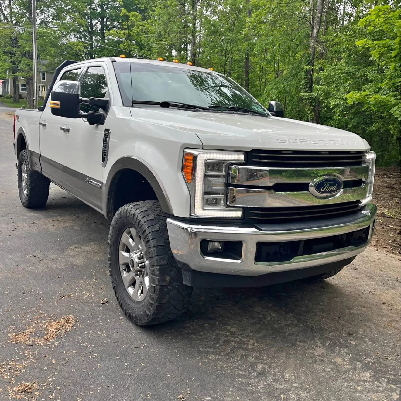 White Ford pickup truck parked on a road with trees in the background.