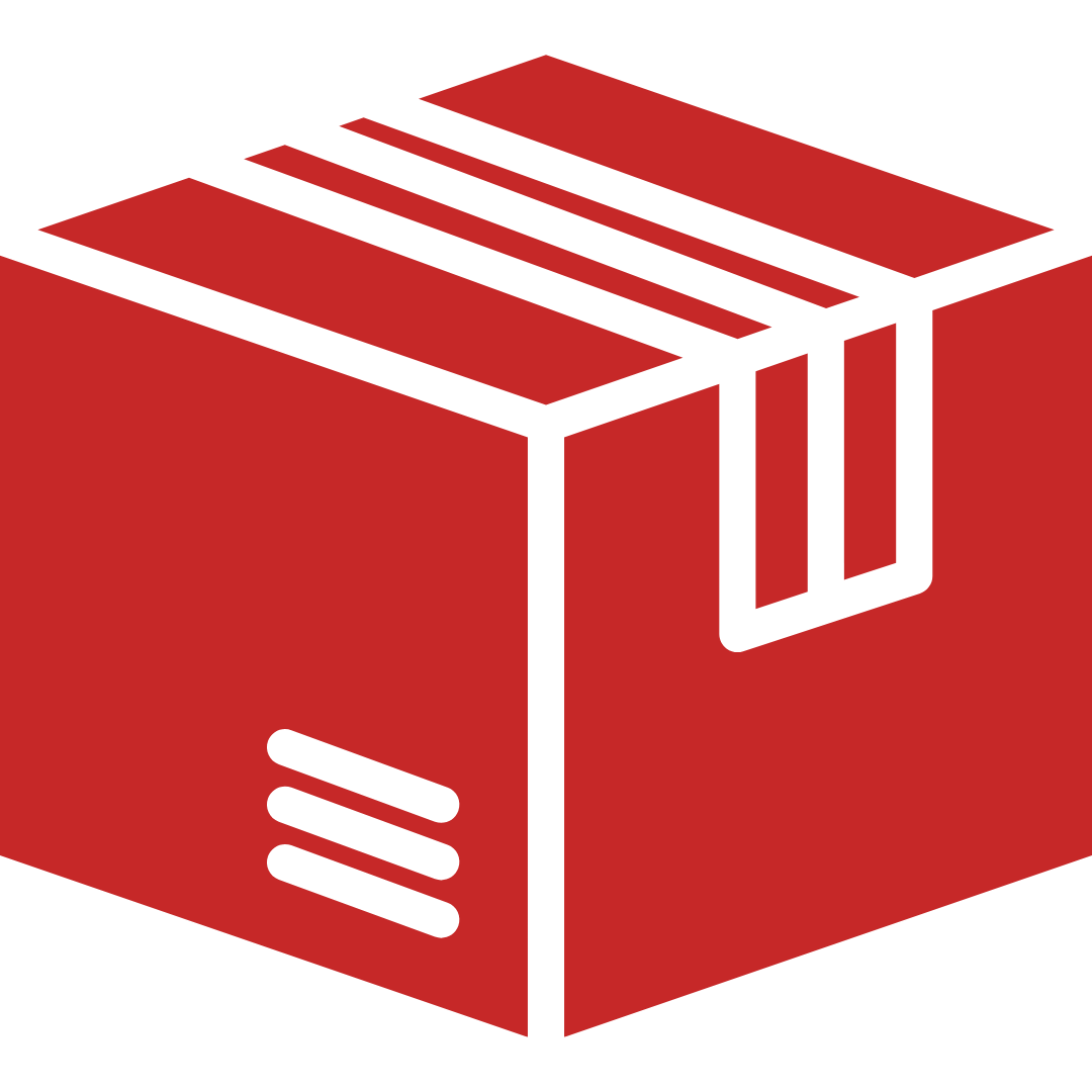 Red and black illustration of a cardboard box with tape.