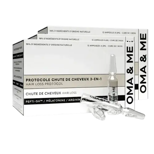 Two white boxes of OMA & ME Hair Loss Protocol with two glass ampoules in front.