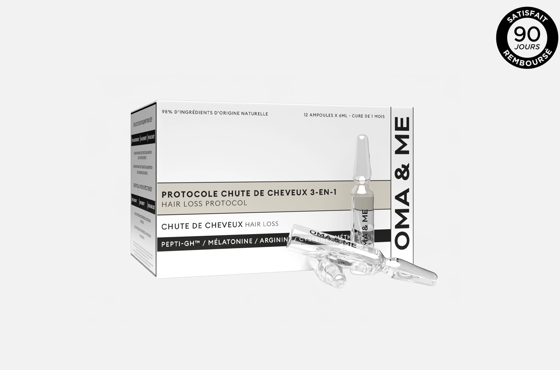 Box of hair loss treatment ampoules with French and English text.