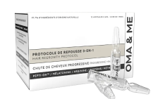 Hair regrowth treatment box with ampoules, labeled 'OMA & ME.'