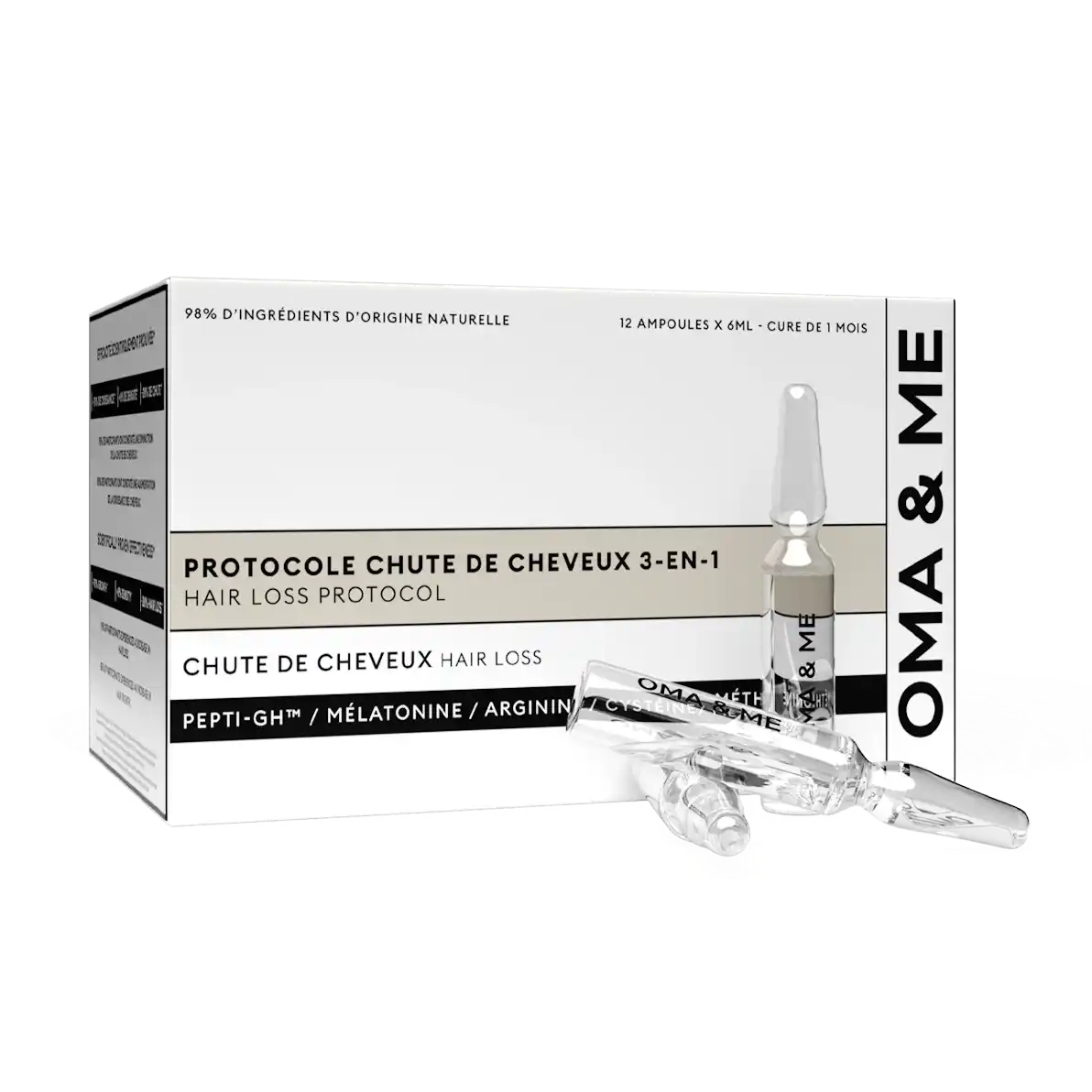 A white box for OMA & ME hair loss treatment with several glass ampoules in front of it.