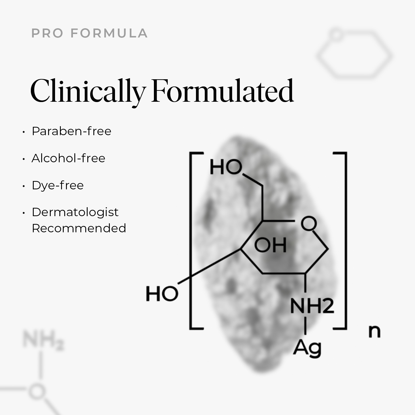 Text about a clinically formulated product with a chemical structure diagram.