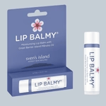 A tube of Lip Balmy brand lip balm is shown next to its blue cardboard packaging.