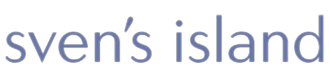 The text 'sven's island' in a light blue font on a black background.
