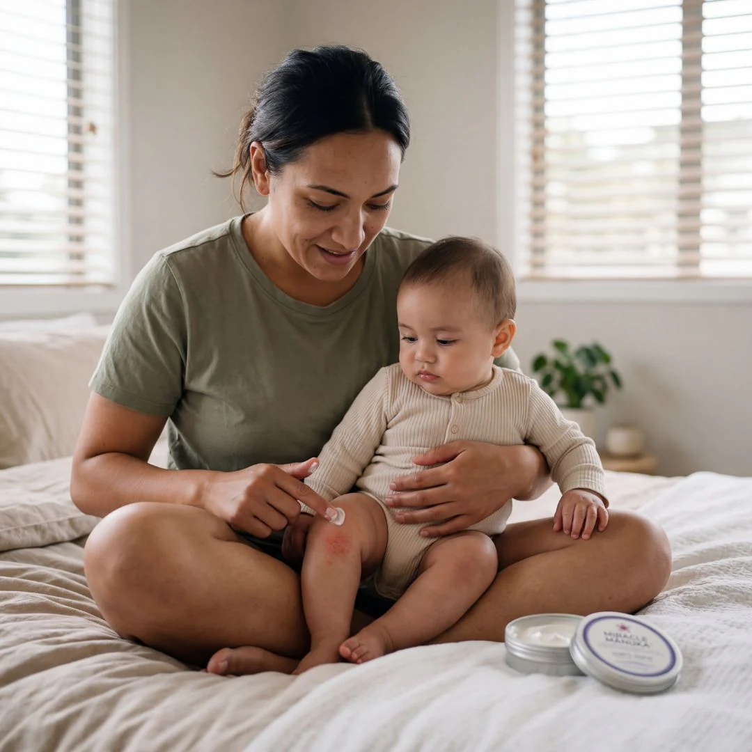 A woman sits on a bed holding a baby on her lap, applying cream to the baby's knee.