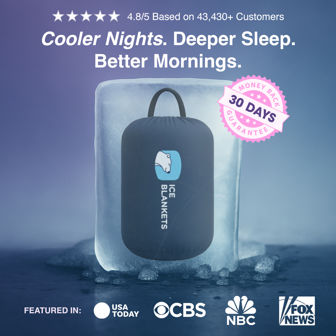 Ice Blankets product with text and media logos on a blue background.