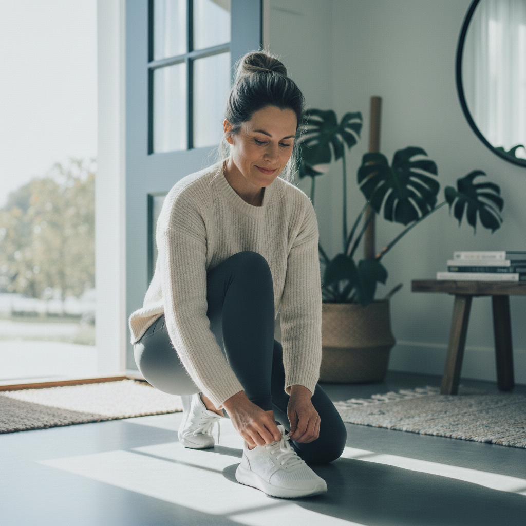 A woman in a sunlit entryway kneels to tie her white sneakers.