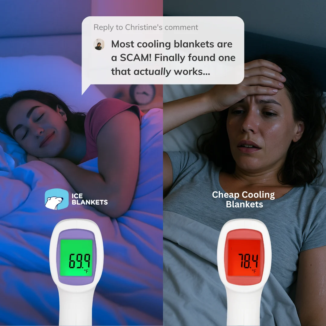 Split image of a woman sleeping comfortably and another looking uncomfortable in bed.