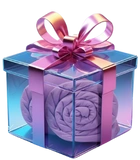 Transparent gift box with purple roses and pink ribbons.
