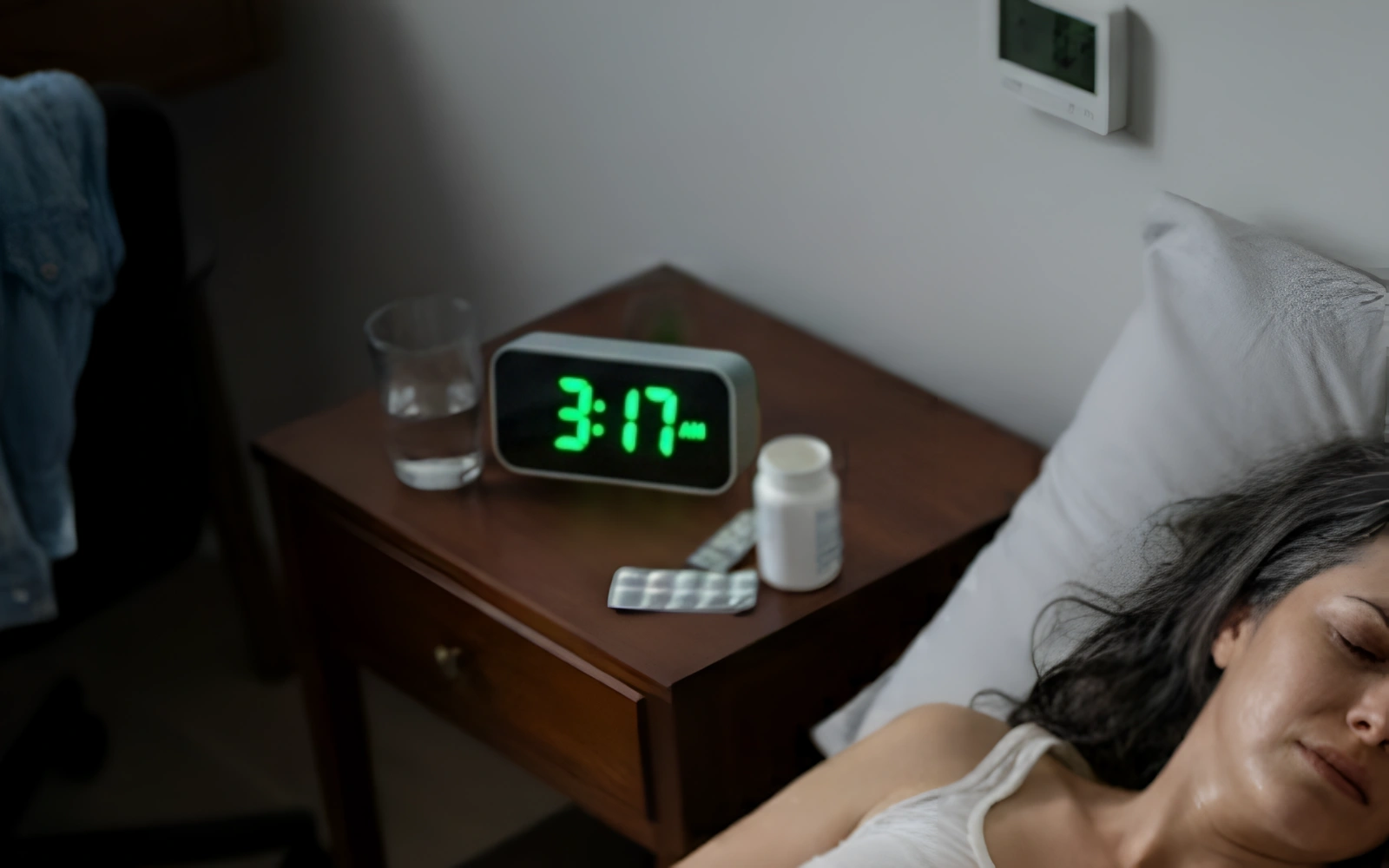 Woman sleeping on bed, alarm clock showing 3:17 AM on bedside table.