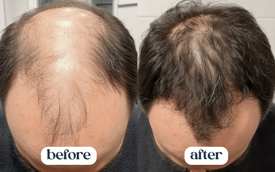 Before and after hair growth treatment comparison on a person's scalp.